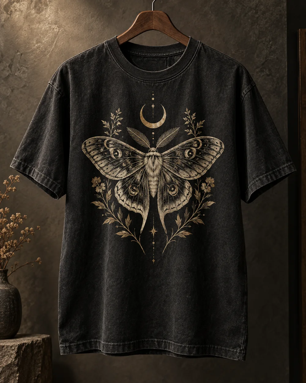 Concept apparel visual: a black T-shirt with an intricate ivory and gold moth design